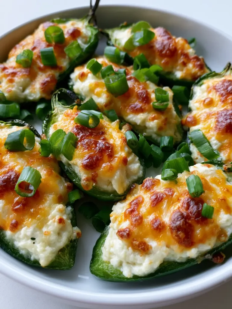 Jalapeño Poppers Recipe: The Ultimate Bubbly Cheesy Appetizer 1 Close up of Jalapeño Poppers Recipe on a white plate with golden-brown blistered cheddar cheese and green scallions.