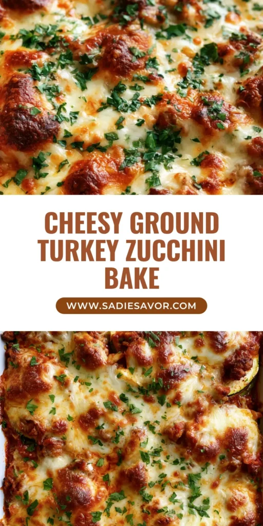 Ground Turkey Zucchini Casserole: The Ultimate Cheesy Low-Carb Dinner 4 A close-up high-angle shot of Ground Turkey Zucchini Casserole in a white dish with melted mozzarella cheese bubbles and fresh parsley.