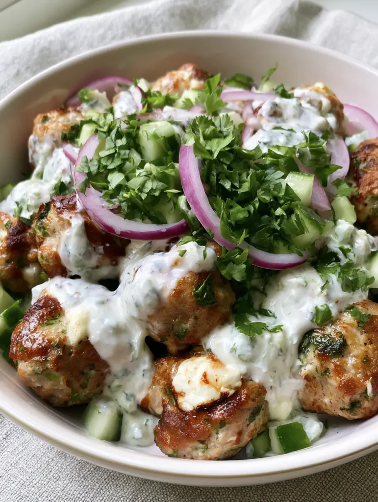 Mediterranean Chicken Meatballs with Feta and Creamy Tzatziki 1 Overhead view of a bowl of Mediterranean Chicken Meatballs garnished with fresh parsley, red onion, and thick tzatziki.