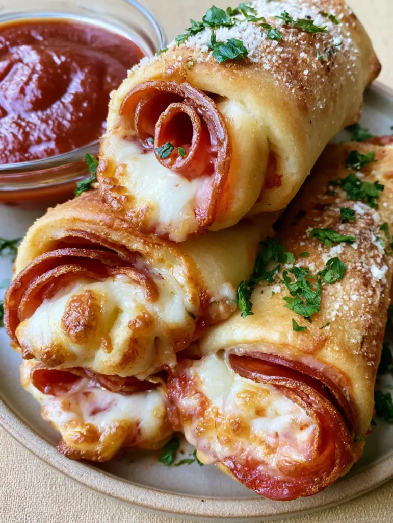 Pepperoni Pizza Rolls: The Best Golden-Brown Cheesy Breadsticks 1 Pepperoni Pizza Rolls garnished with fresh parsley and parmesan cheese.