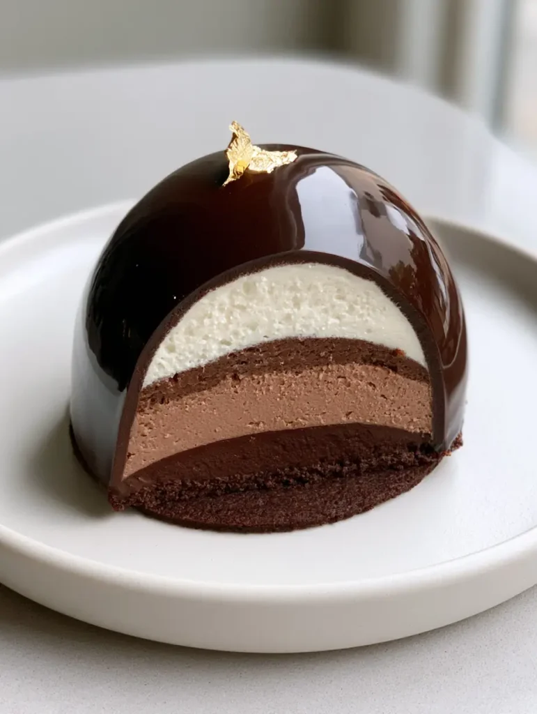 Chocolate Mousse Domes with a Flawless Mirror Glaze and Triple Layers 1 A sliced Chocolate Mousse Dome on a minimalist white plate revealing internal horizontal mousse layers.