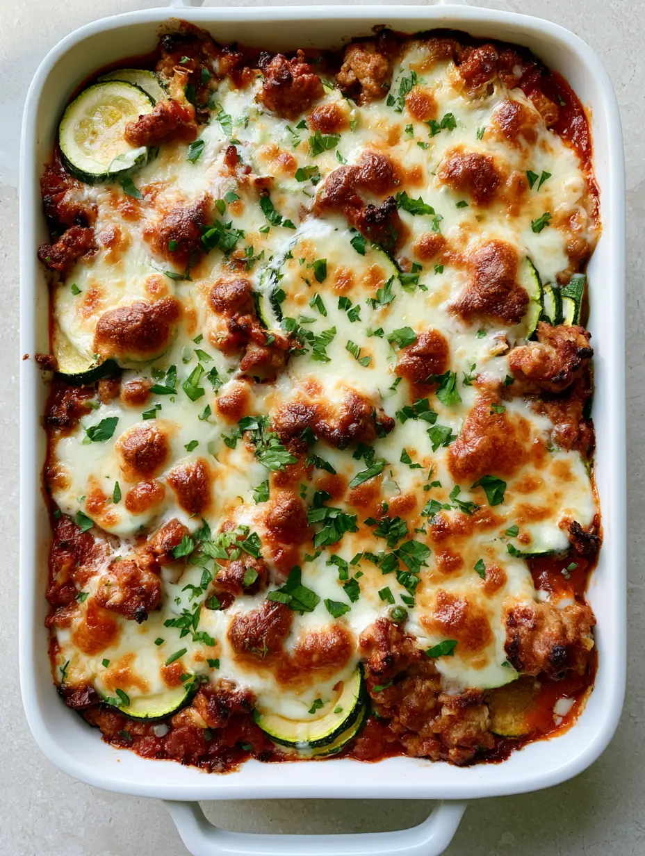 Ground Turkey Zucchini Casserole: The Ultimate Cheesy Low-Carb Dinner 3 Overhead view of a rectangular white ceramic baking dish containing Ground Turkey Zucchini Casserole with golden brown cheese.