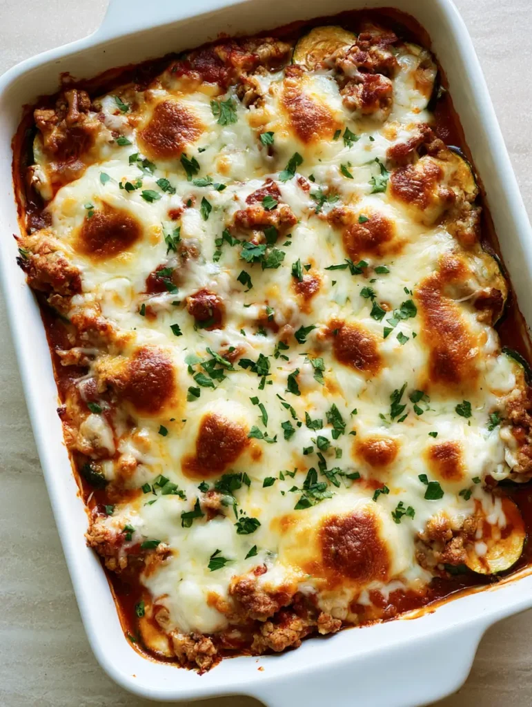 Ground Turkey Zucchini Casserole: The Ultimate Cheesy Low-Carb Dinner 1 Close up shot of Ground Turkey Zucchini Casserole showing layers of sliced zucchini and vibrant red marinara sauce.