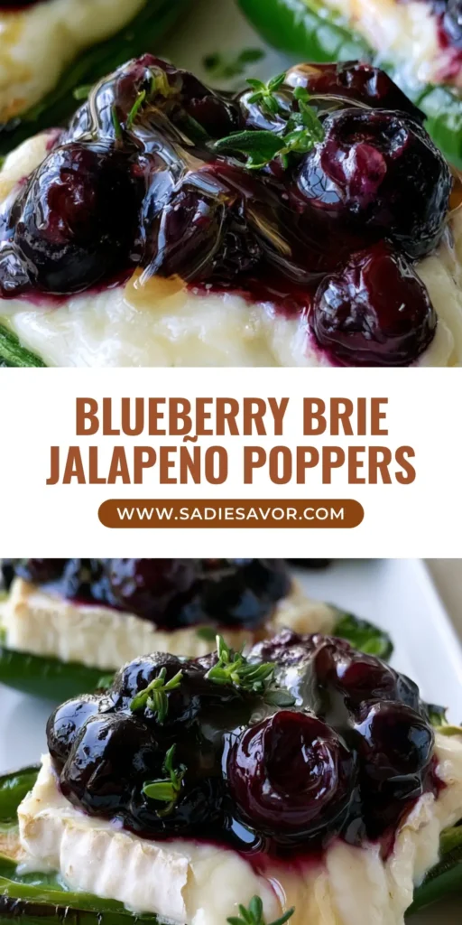 Blueberry Brie Jalapeño Poppers with Honey and Thyme 4 Close-up of Blueberry Brie Jalapeño Poppers on a white platter with glossy blueberry compote and honey drizzle.