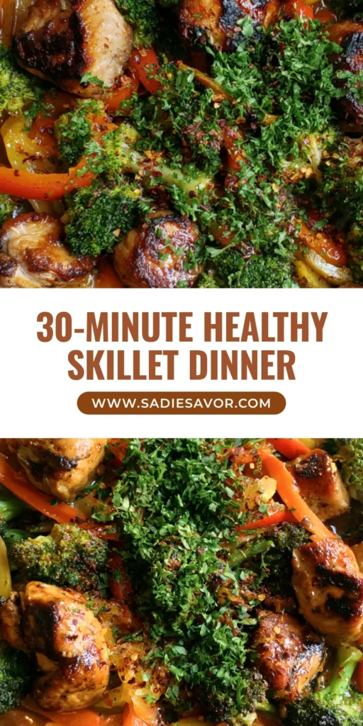 Chicken and Vegetable Skillet: The Ultimate 30-Minute One-Pan Dinner 4 A top-down view of a Chicken and Vegetable Skillet in a cast-iron pan with golden-brown chicken, broccoli, and peppers.