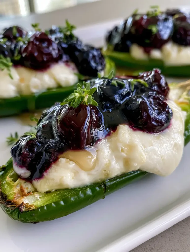 Blueberry Brie Jalapeño Poppers with Honey and Thyme 2 A handheld smartphone photo showing the charred edges of Blueberry Brie Jalapeño Poppers and melted cheese.