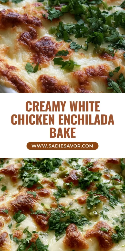 White Chicken Enchilada Casserole with Creamy Green Chile Sauce 3 A high-angle shot of White Chicken Enchilada Casserole in a white dish with bubbling Monterey Jack cheese, golden-brown toasted spots, and fresh cilantro garnish.