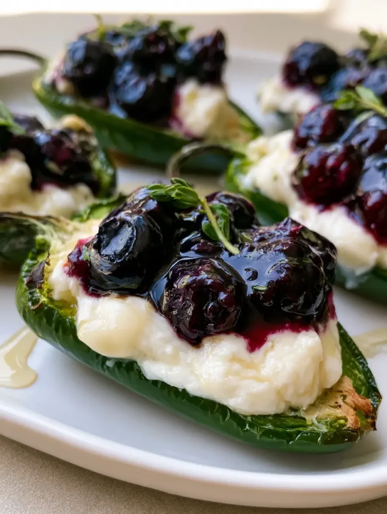 Blueberry Brie Jalapeño Poppers with Honey and Thyme 1 Macro view of overflowing melted brie and whole softened blueberries on a jalapeño pepper.