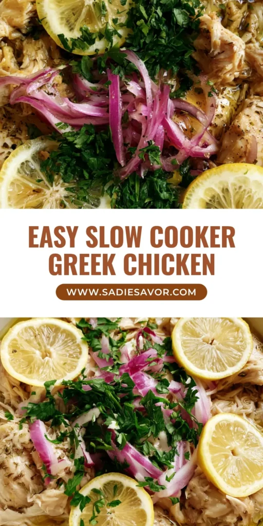 Slow Cooker Greek Chicken with Lemon and Oregano 3 A top-down shot of shredded Slow Cooker Greek Chicken in a white pot garnished with lemon slices, red onions, and fresh parsley flakes.