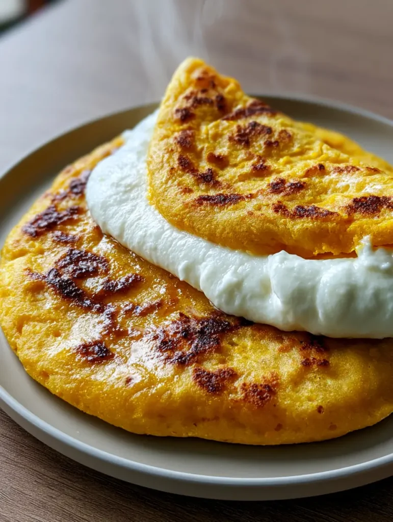 Venezuelan Sweet Corn Cachapas: The Ultimate Griddled Corn Pancake 1 A thick slab of white mozzarella cheese melting inside a folded golden corn pancake on a ceramic plate.
