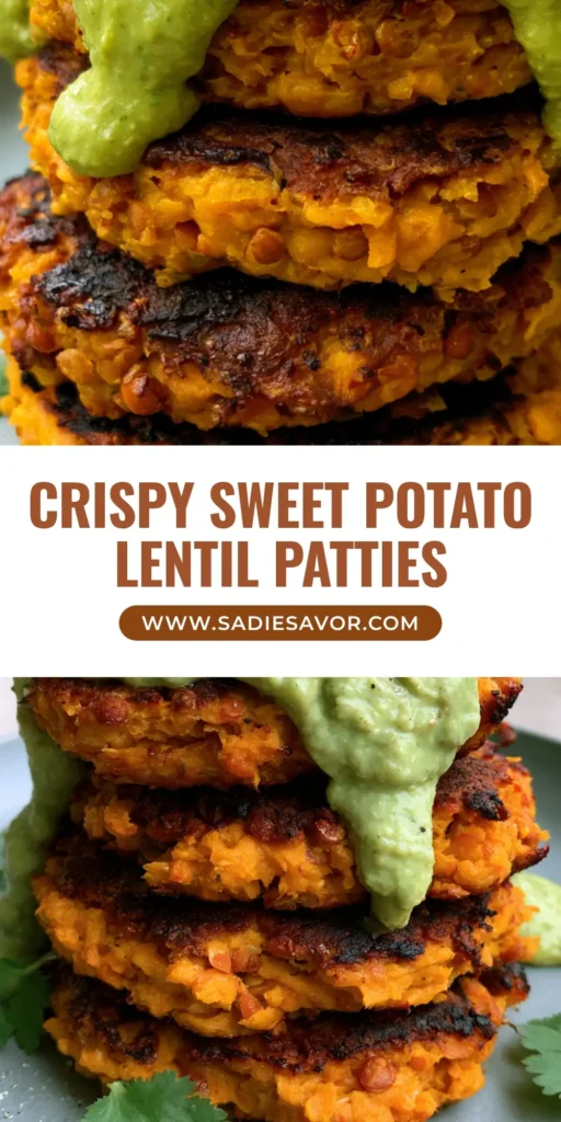 Sweet Potato and Red Lentil Patties with Creamy Avocado Cilantro Sauce 4 A tall stack of three Sweet Potato and Red Lentil Patties drizzled with thick lime-green avocado cilantro sauce on a matte grey ceramic plate.