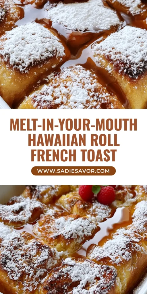 Hawaiian Roll French Toast: The Ultimate Baked Breakfast Casserole 3 A grid of twelve baked Hawaiian Roll French Toast pieces in a white ceramic dish, heavily dusted with powdered sugar and drizzled with maple syrup, garnished with raspberries and mint.