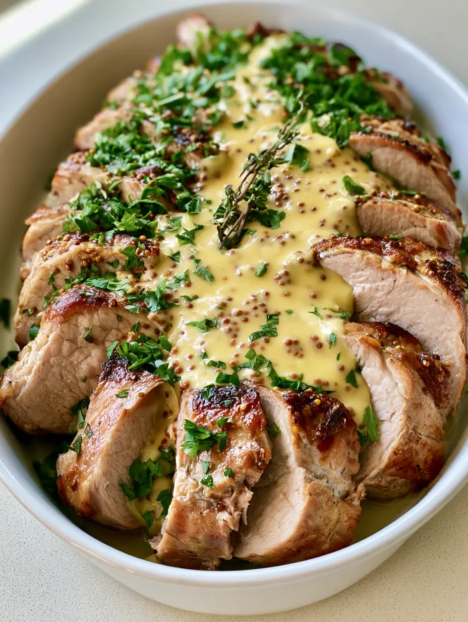 Pork Tenderloin with Dijon Sauce: The Ultimate 20-Minute Gourmet Dinner 4 Close-up of golden-brown pan-seared pork medallions with a thick pale-yellow mustard cream sauce and whole grain mustard seeds. (Pork Tenderloin with Dijon Sauce)