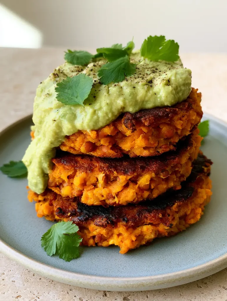 Sweet Potato and Red Lentil Patties with Creamy Avocado Cilantro Sauce 2 Close-up of pan-seared Sweet Potato and Red Lentil Patties showing the textured charred exterior and orange mash center.