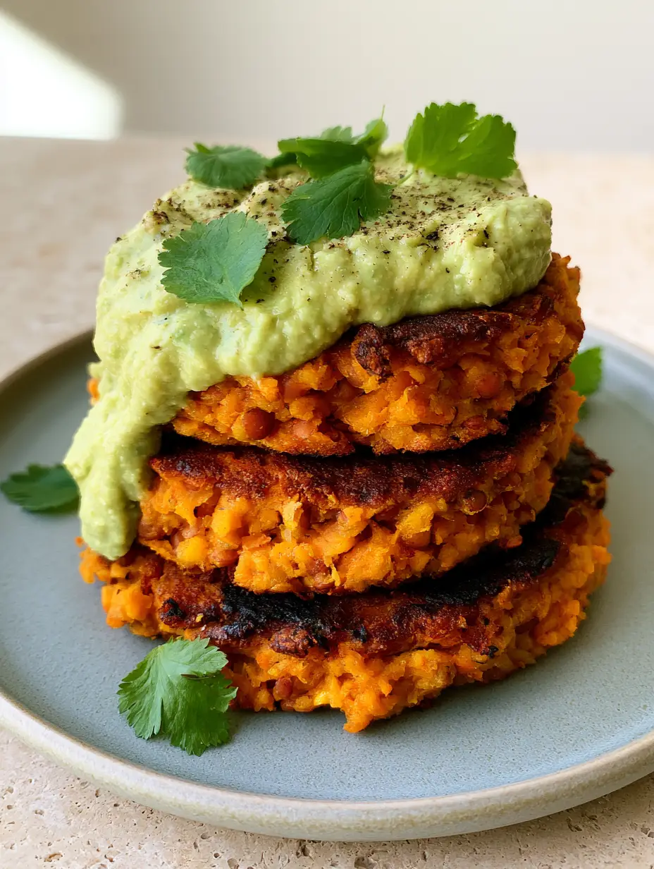Sweet Potato and Red Lentil Patties with Creamy Avocado Cilantro Sauce 3 Close-up of pan-seared Sweet Potato and Red Lentil Patties showing the textured charred exterior and orange mash center.