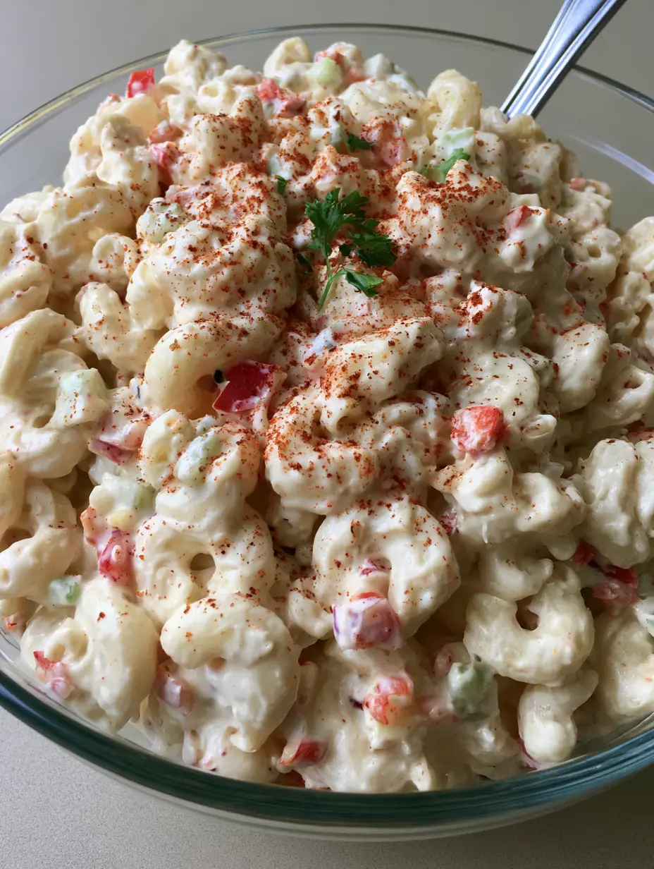 Dolly Parton's Macaroni Salad: The Ultimate Southern Comfort Recipe 3 Overhead view of Dolly Parton's Macaroni Salad showing the thick creamy dressing and diced red peppers.