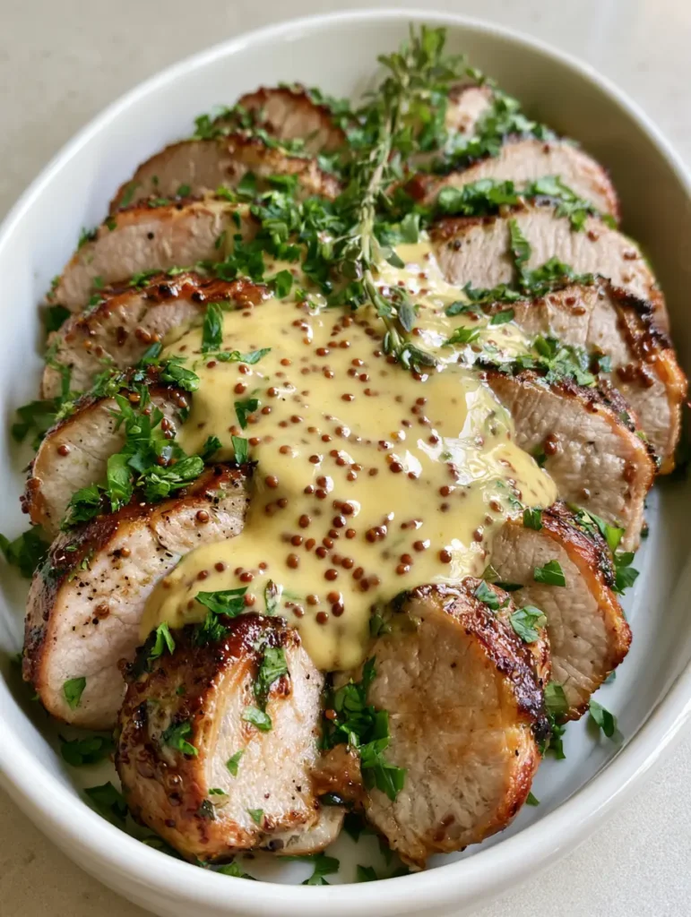 Pork Tenderloin with Dijon Sauce: The Ultimate 20-Minute Gourmet Dinner 1 Minimalist plating of Pork Tenderloin with Dijon Sauce on a shallow white ceramic dish with fresh thyme and parsley.
