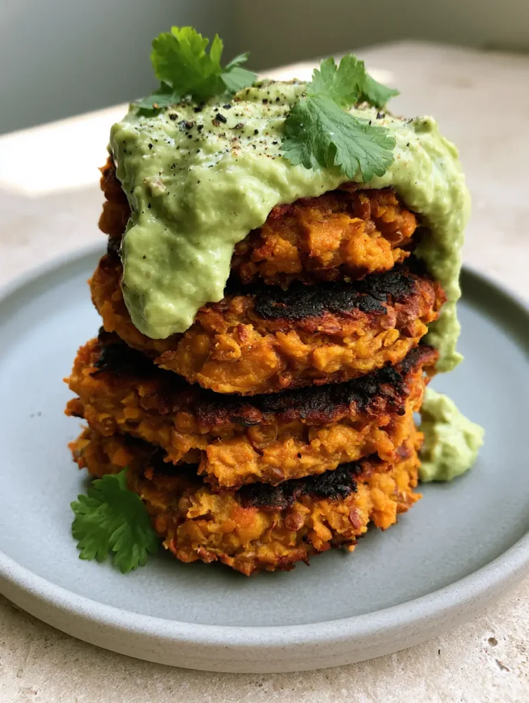 Sweet Potato and Red Lentil Patties with Creamy Avocado Cilantro Sauce 1 A stack of three Sweet Potato and Red Lentil Patties on a matte grey plate with avocado cilantro sauce flowing down the sides.