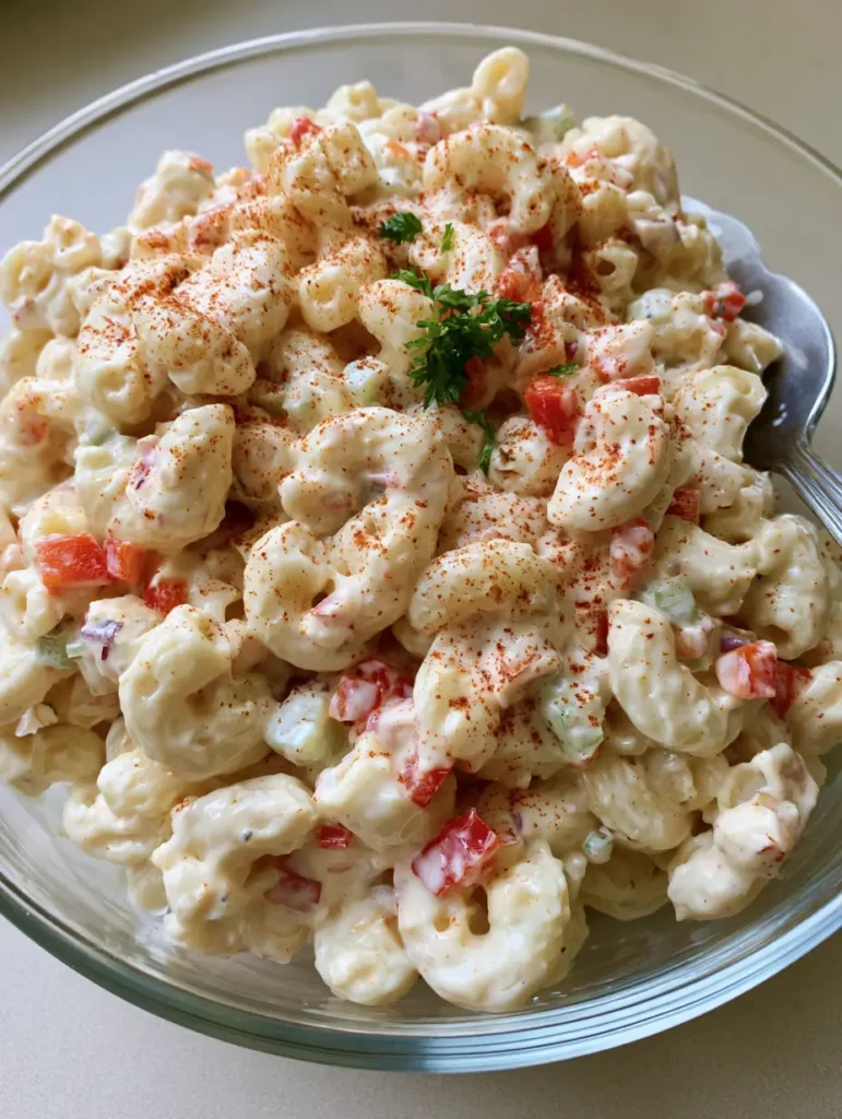 Dolly Parton's Macaroni Salad: The Ultimate Southern Comfort Recipe 1 Close up of a silver serving spoon scooping out a portion of Dolly Parton's Macaroni Salad.
