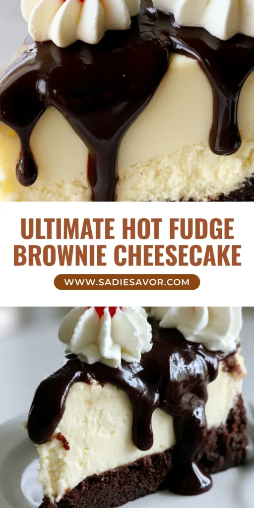 Hot Fudge Brownie Cheesecake: The Ultimate Decadent Layered Dessert 4 A tall slice of Hot Fudge Brownie Cheesecake with a thick brownie base, ivory cheesecake, and glossy hot fudge drips.
