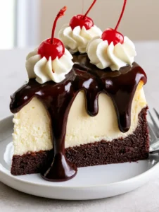 Side-angle close-up of Hot Fudge Brownie Cheesecake on a white plate with whipped cream peaks.