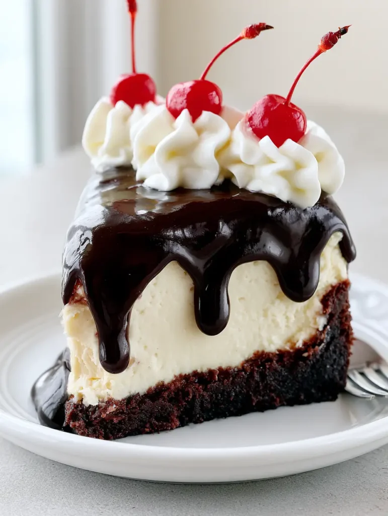 Hot Fudge Brownie Cheesecake: The Ultimate Decadent Layered Dessert 1 Smartphone photo of Hot Fudge Brownie Cheesecake featuring stiff whipped cream and maraschino cherries.