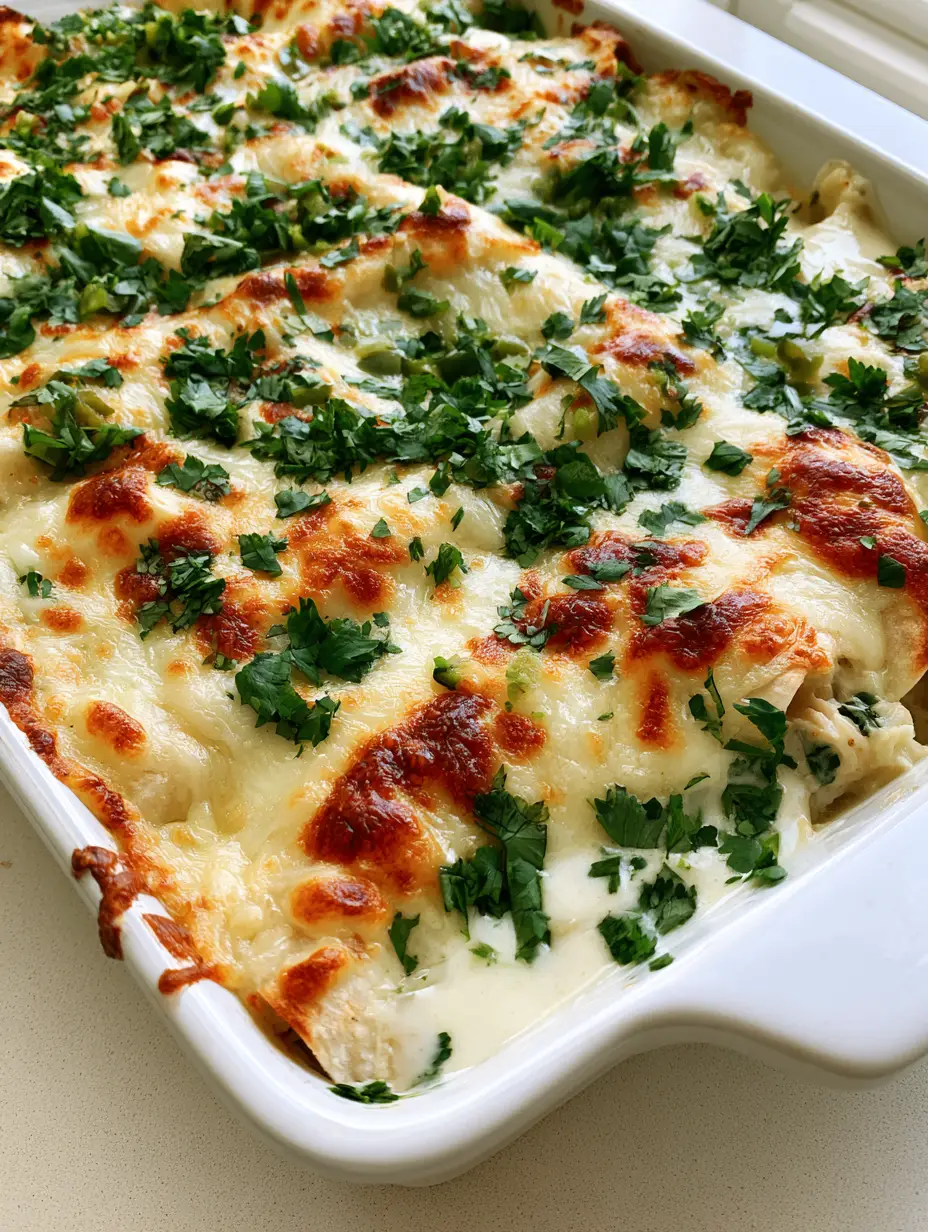 White Chicken Enchilada Casserole with Creamy Green Chile Sauce 4 Close-up of golden-brown cheese patches on top of a White Chicken Enchilada Casserole with green chiles.