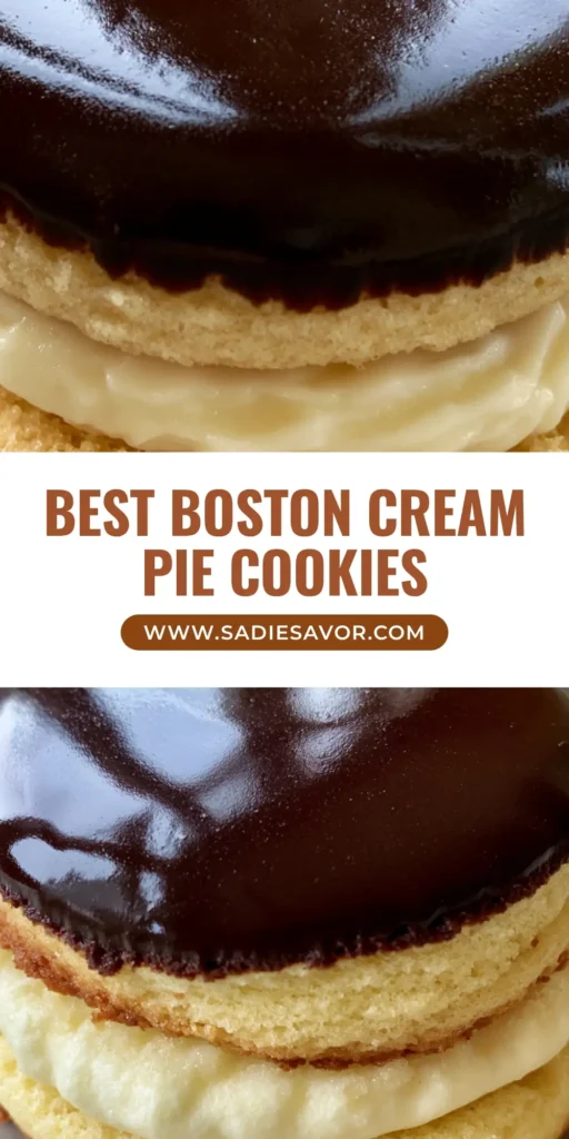 Boston Cream Pie Cookies: The Ultimate Soft Cake Sandwich Recipe 4 A close-up vertical shot of Boston Cream Pie Cookies featuring soft golden cake layers, thick vanilla cream, and glossy dark chocolate glaze.