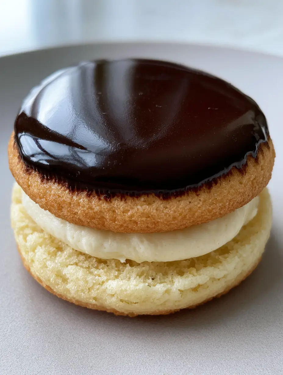 Boston Cream Pie Cookies: The Ultimate Soft Cake Sandwich Recipe 3 A handheld photo showing a single Boston Cream Pie Cookie with visible layers of sponge cake and vanilla pastry cream.