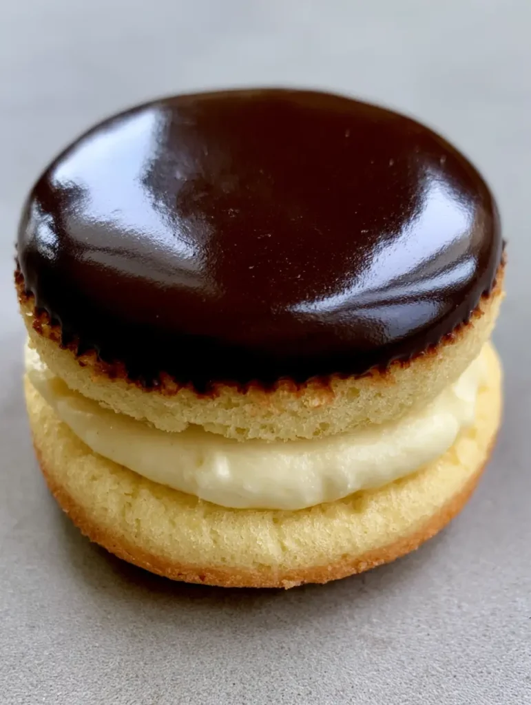 Boston Cream Pie Cookies: The Ultimate Soft Cake Sandwich Recipe 1 Top-down view of a Boston Cream Pie Cookie highlighting the smooth, reflective dark chocolate glaze and neat edges.