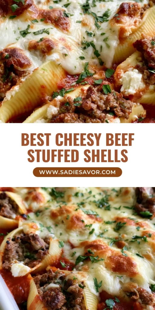 Beef and Ricotta Stuffed Shells: The Ultimate Cheesy Comfort Dinner 4 A vertical overhead shot of Beef and Ricotta Stuffed Shells in a white baking dish with melted mozzarella and fresh parsley.