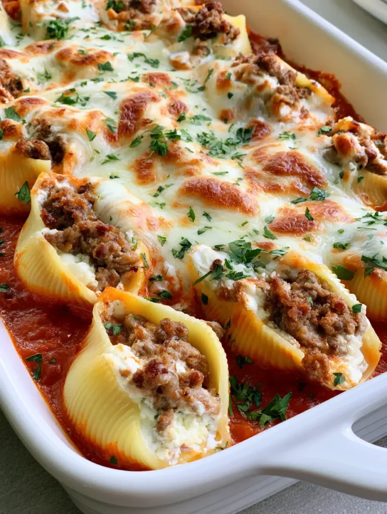 Beef and Ricotta Stuffed Shells: The Ultimate Cheesy Comfort Dinner 2 Close-up of jumbo pasta shells overflowing with ground beef and ricotta filling, covered in red sauce and toasted mozzarella.
