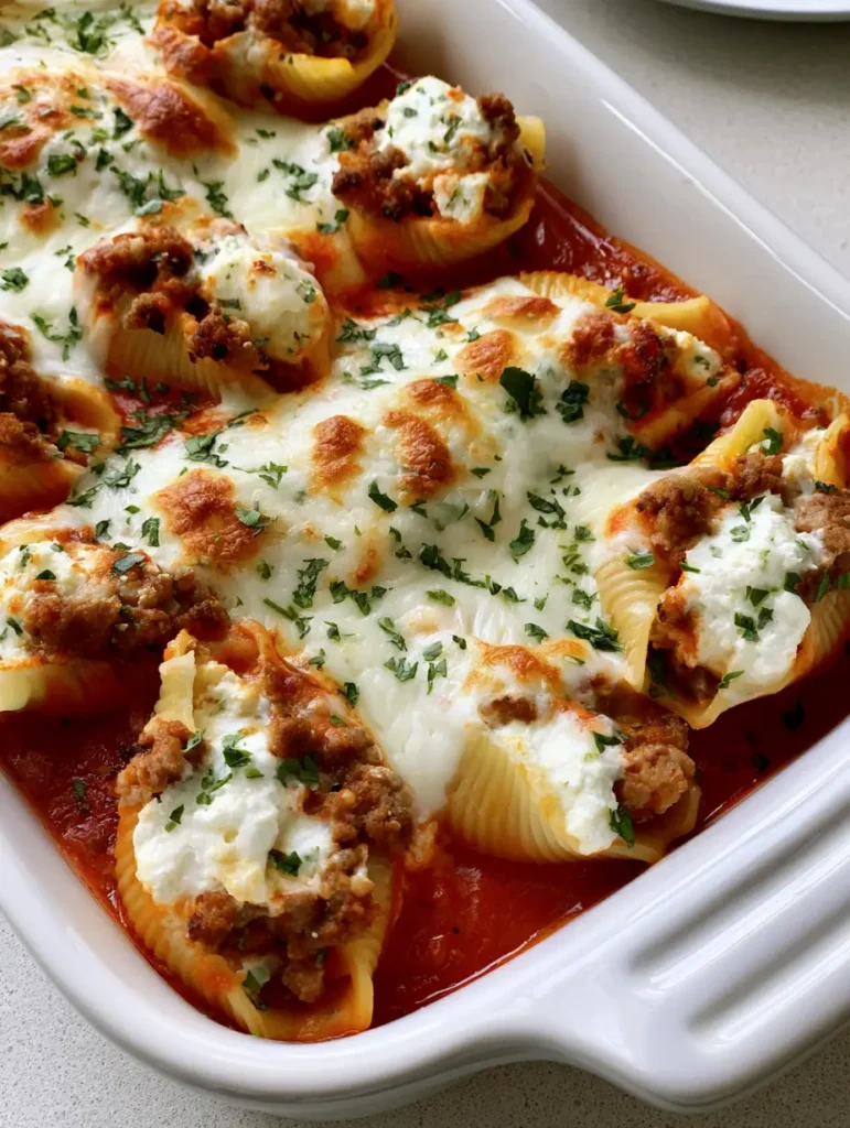 Beef and Ricotta Stuffed Shells: The Ultimate Cheesy Comfort Dinner 1 Beef and Ricotta Stuffed Shells being served from a white ceramic dish, showcasing the thick marinara and creamy filling.
