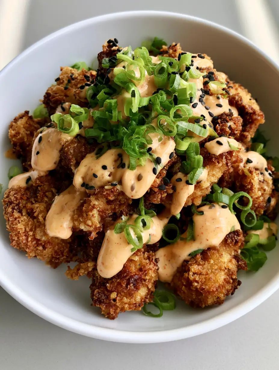 Bang Bang Chicken: The Ultimate Crispy Panko Recipe 4 Close-up handheld shot of deep golden-brown Bang Bang Chicken with heavy orange sauce zigzag and green onions.