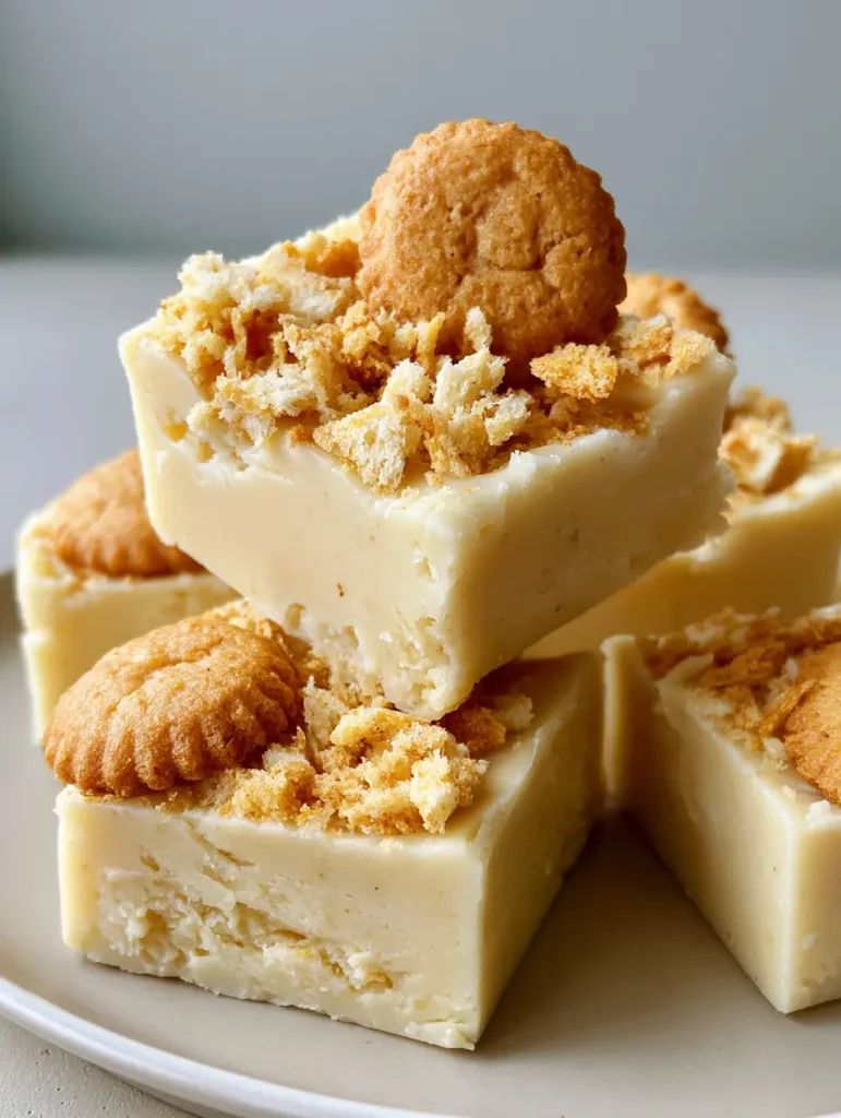 Banana Pudding Fudge with Vanilla Wafers: Easy No-Bake Recipe 2 Close-up of pale yellow Banana Pudding Fudge pieces showing dense texture and sharp cut edges.